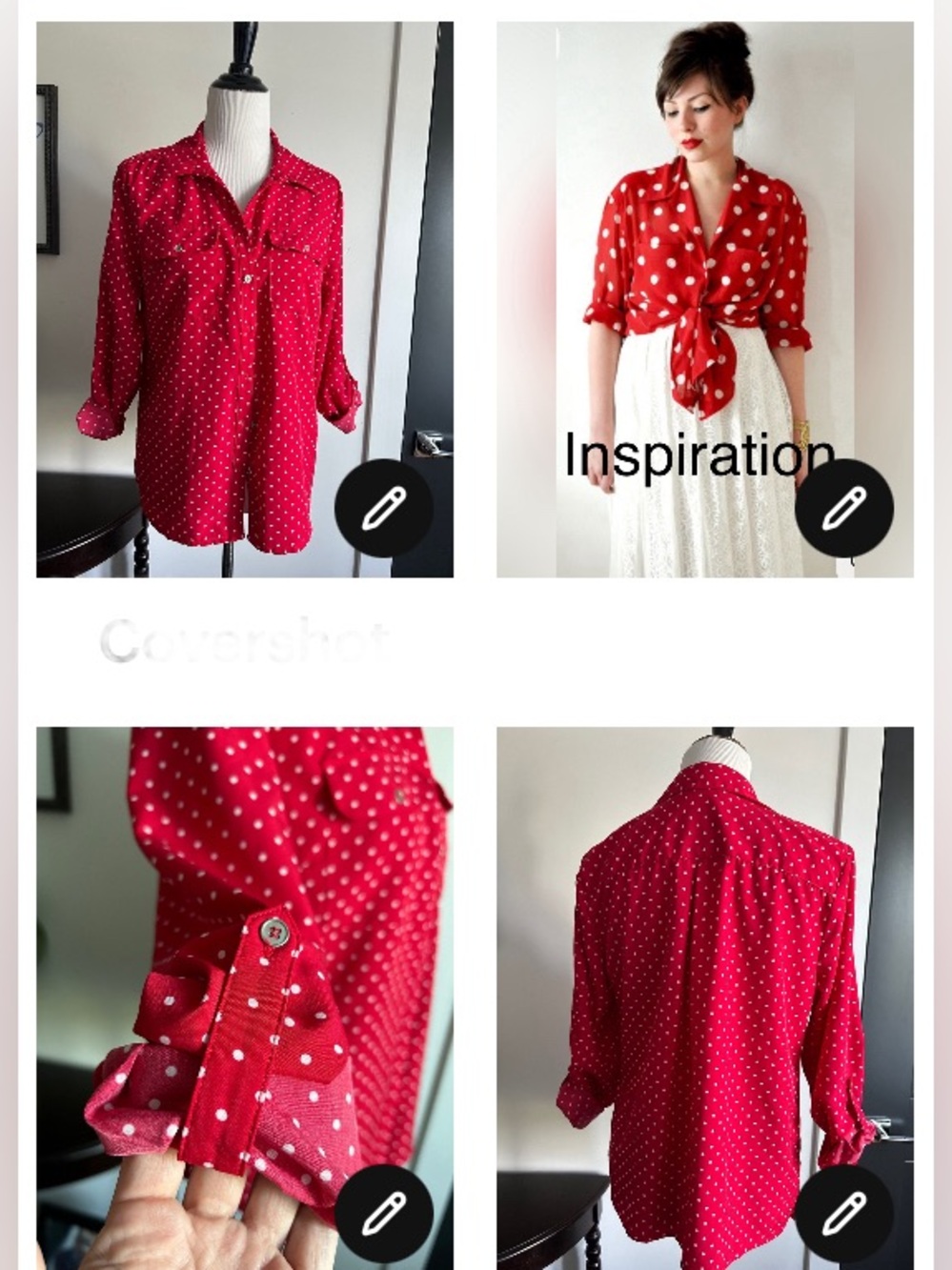 Notations M Red Polka Dot 50s chic Button-Down Blouse 3/4 roll sleeve